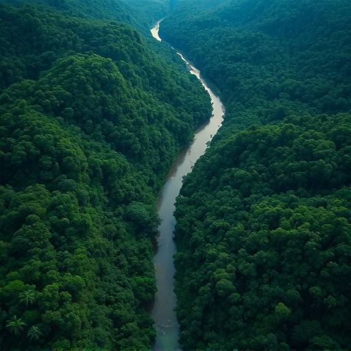 Image du documentaire 'Amazonie : Le Cœur Vert de la Terre', montrant une vue aérienne de la forêt amazonienne et du fleuve.